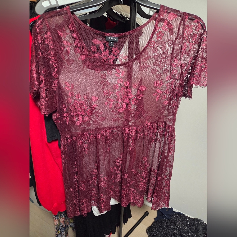 Torrid Burghundy/Deep Red Lace Peplum Blouse
